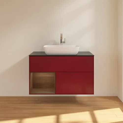 VILLEROY BOCH Toaletní stolek Finion, s osvětlením, 2 výsuvy, 1000 x 603 x 501 mm, matný lak Peony / ořechová dýha / černé matné sklo #F772GNHB, obrázek 3