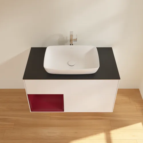 VILLEROY BOCH Toaletní skříňka Finion, s osvětlením, 2 výsuvy, 1000 x 603 x 501 mm, bílý matný lak / pivoňkový matný lak / černé matné sklo #F772HBMT, obrázek 4