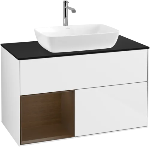 VILLEROY BOCH Toaletní skříňka Finion, s osvětlením, 2 výsuvy, 1000 x 603 x 501 mm, lesklý bílý lak / ořechová dýha / černé matné sklo #F772GNGF