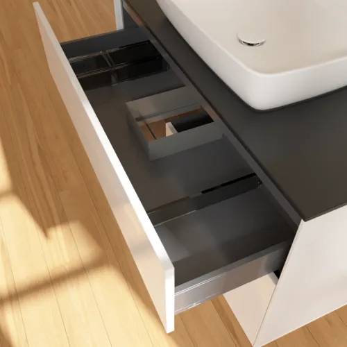 VILLEROY BOCH Toaletní skříňka Finion, s osvětlením, 2 výsuvy, 1000 x 603 x 501 mm, lesklý bílý lak / ořechová dýha / černé matné sklo #F772GNGF, obrázek 8