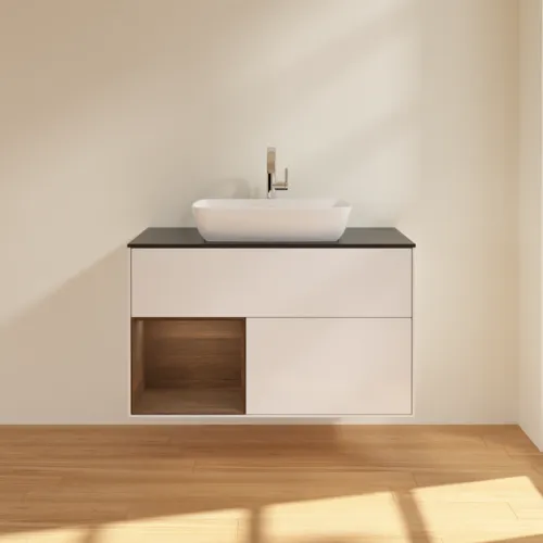 VILLEROY BOCH Toaletní skříňka Finion, s osvětlením, 2 výsuvy, 1000 x 603 x 501 mm, lesklý bílý lak / ořechová dýha / černé matné sklo #F772GNGF, obrázek 3