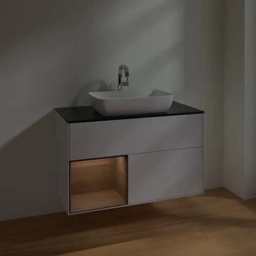 VILLEROY BOCH Toaletní skříňka Finion, s osvětlením, 2 výsuvy, 1000 x 603 x 501 mm, lesklý bílý lak / ořechová dýha / černé matné sklo #F772GNGF, obrázek 5