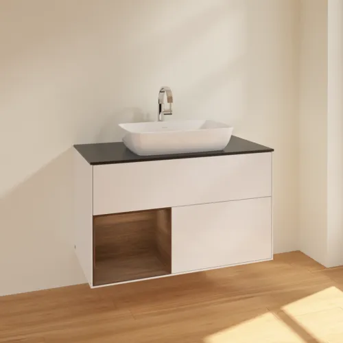 VILLEROY BOCH Toaletní skříňka Finion, s osvětlením, 2 výsuvy, 1000 x 603 x 501 mm, lesklý bílý lak / ořechová dýha / černé matné sklo #F772GNGF, obrázek 2