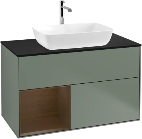 VILLEROY BOCH Toaletní skříňka Finion, s osvětlením, 2 výsuvy, 1000 x 603 x 501 mm, olivový matný lak / ořechová dýha / černé matné sklo #F772GNGM
