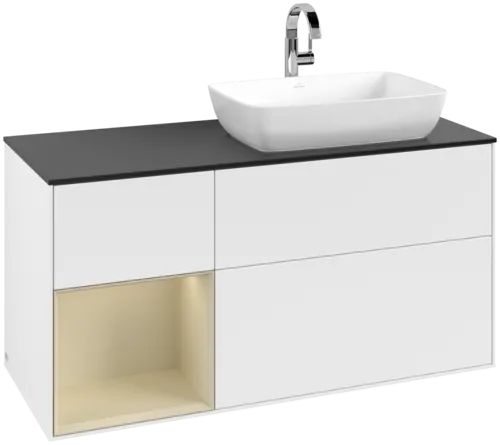 VILLEROY BOCH Toaletní skříňka Finion, s osvětlením, 3 výsuvy, 1200 x 603 x 501 mm, bílý matný lak / hedvábně šedý matný lak / černé matné sklo #F802HJMT