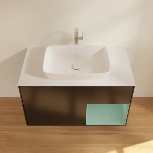 VILLEROY BOCH Toaletní skříňka Finion, s osvětlením, 2 výsuvy, 1000 x 603 x 501 mm, černý matný lak / olivový matný lak / bílé matné sklo #F781GMPD, obrázek 4