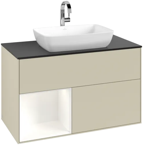 VILLEROY BOCH Toaletní skříňka Finion, s osvětlením, 2 výsuvy, 1000 x 603 x 501 mm, hedvábně šedý matný lak / bílý matný lak / černé matné sklo #F772MTHJ