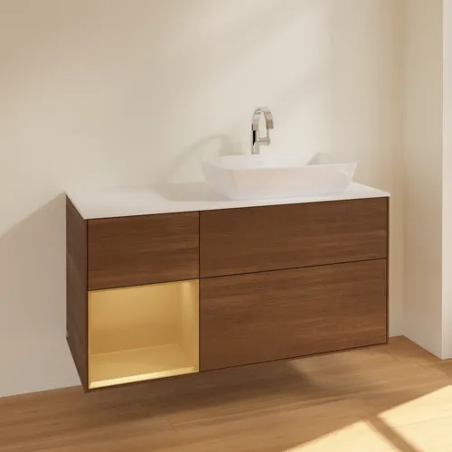 VILLEROY BOCH Toaletní skříňka Finion, s osvětlením, 3 výsuvy, 1200 x 603 x 501 mm, ořechová dýha / zlatý matný lak / sklo bílé matné #F801HFGN, obrázek 2