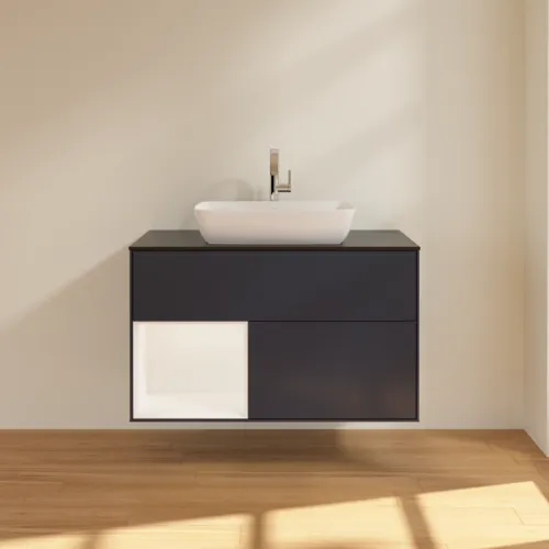VILLEROY BOCH Toaletní skříňka Finion, s osvětlením, 2 výsuvy, 1000 x 603 x 501 mm, Midnight Blue Matt Lacquer / White Matt Lacquer / Glass Black Matt #F772MTHG, obrázek 3