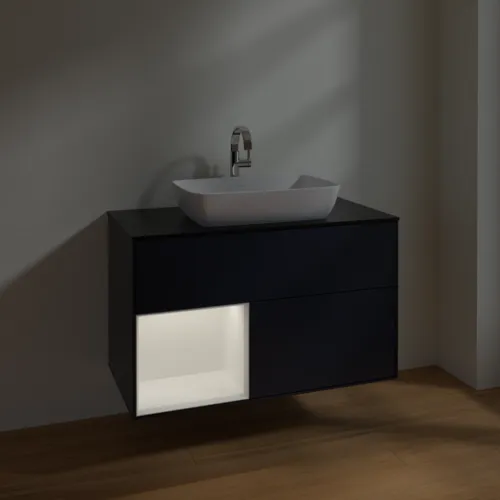 VILLEROY BOCH Toaletní skříňka Finion, s osvětlením, 2 výsuvy, 1000 x 603 x 501 mm, Midnight Blue Matt Lacquer / White Matt Lacquer / Glass Black Matt #F772MTHG, obrázek 5