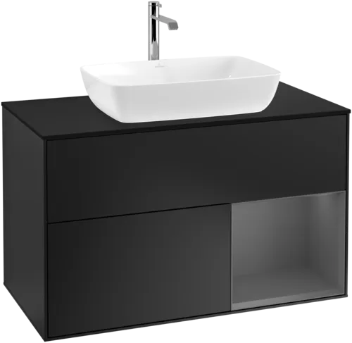 VILLEROY BOCH Toaletní skříňka Finion, s osvětlením, 2 výsuvy, 1000 x 603 x 501 mm, černý matný lak / antracitový matný lak / černé matné sklo #F782GKPD