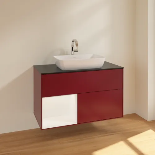 VILLEROY BOCH Toaletní skříňka Finion, s osvětlením, 2 výsuvy, 1000 x 603 x 501 mm, Pivoňka matný lak / Bílý matný lak / Sklo černé matné #F772MTHB, obrázek 2