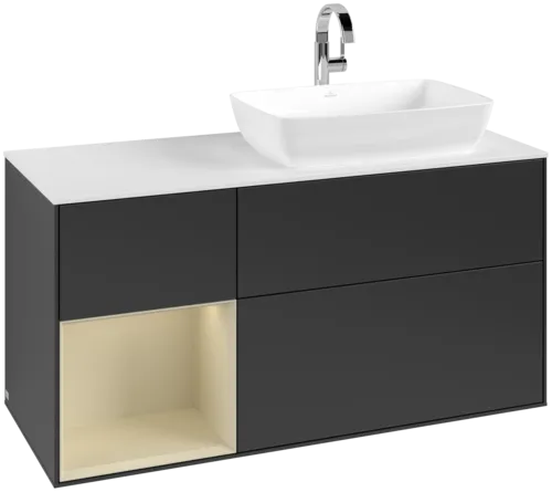 VILLEROY BOCH Toaletní skříňka Finion, s osvětlením, 3 výsuvy, 1200 x 603 x 501 mm, černý matný lak / hedvábně šedý matný lak / bílé matné sklo #F801HJPD