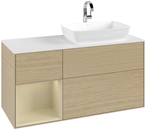 VILLEROY BOCH Toaletní skříňka Finion, s osvětlením, 3 výsuvy, 1200 x 603 x 501 mm, dubová dýha / hedvábně šedý matný lak / sklo bílé matné #F801HJPC