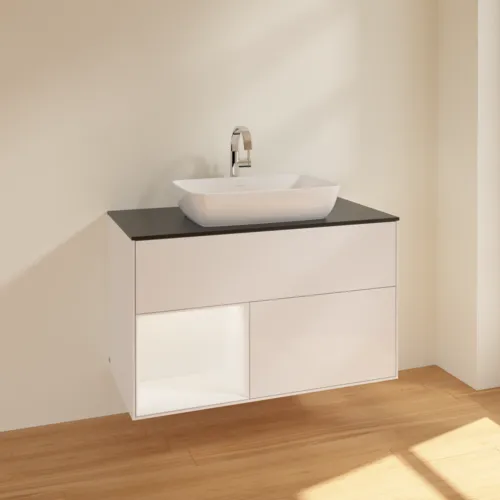 VILLEROY BOCH Umyvadlová skříňka Finion, s osvětlením, 2 výsuvy, 1000 x 603 x 501 mm, lesklý bílý lak / bílý matný lak / černé matné sklo #F772MTGF, obrázek 2