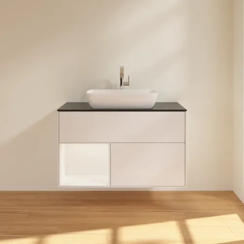 VILLEROY BOCH Umyvadlová skříňka Finion, s osvětlením, 2 výsuvy, 1000 x 603 x 501 mm, lesklý bílý lak / bílý matný lak / černé matné sklo #F772MTGF, obrázek 3