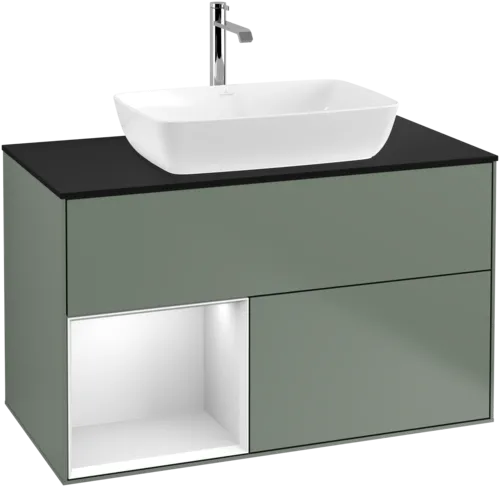 VILLEROY BOCH Toaletní skříňka Finion, s osvětlením, 2 výsuvy, 1000 x 603 x 501 mm, olivový matný lak / bílý matný lak / černé matné sklo #F772MTGM