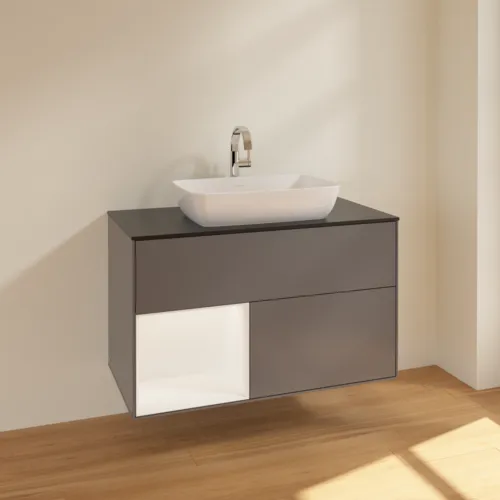 VILLEROY BOCH Toaletní skříňka Finion, s osvětlením, 2 výsuvy, 1000 x 603 x 501 mm, antracitový matný lak / bílý matný lak / černé matné sklo #F772MTGK, obrázek 2