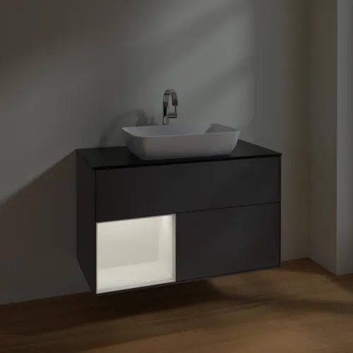 VILLEROY BOCH Toaletní skříňka Finion, s osvětlením, 2 výsuvy, 1000 x 603 x 501 mm, antracitový matný lak / bílý matný lak / černé matné sklo #F772MTGK, obrázek 5