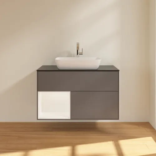 VILLEROY BOCH Toaletní skříňka Finion, s osvětlením, 2 výsuvy, 1000 x 603 x 501 mm, antracitový matný lak / bílý matný lak / černé matné sklo #F772MTGK, obrázek 3