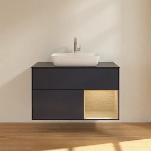 VILLEROY BOCH Toaletní skříňka Finion, s osvětlením, 2 výsuvy, 1000 x 603 x 501 mm, Midnight Blue Matt Lacquer / Oak Veneer / Glass Black Matt #F782PCHG, obrázek 3