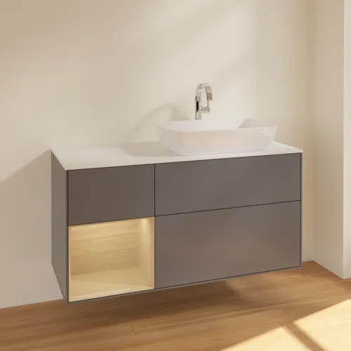 VILLEROY BOCH Toaletní skříňka Finion, s osvětlením, 3 výsuvy, 1200 x 603 x 501 mm, antracit matný lak / dubová dýha / sklo bílé matné #F801PCGK, obrázek 2