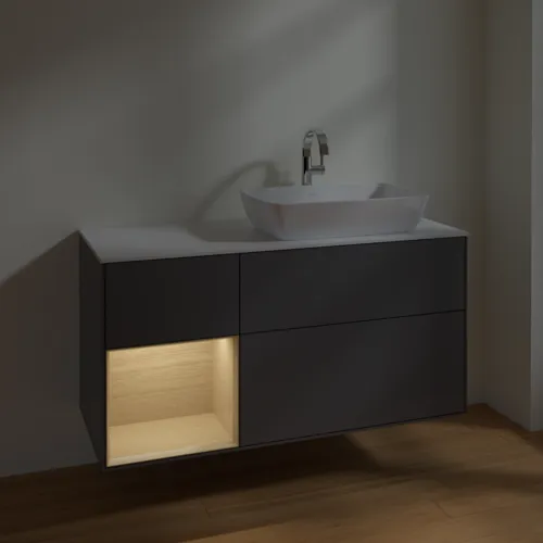 VILLEROY BOCH Toaletní skříňka Finion, s osvětlením, 3 výsuvy, 1200 x 603 x 501 mm, antracit matný lak / dubová dýha / sklo bílé matné #F801PCGK, obrázek 4