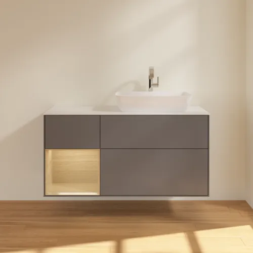 VILLEROY BOCH Toaletní skříňka Finion, s osvětlením, 3 výsuvy, 1200 x 603 x 501 mm, antracit matný lak / dubová dýha / sklo bílé matné #F801PCGK, obrázek 3