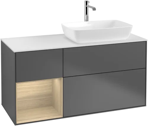 VILLEROY BOCH Toaletní skříňka Finion, s osvětlením, 3 výsuvy, 1200 x 603 x 501 mm, antracit matný lak / dubová dýha / sklo bílé matné #F801PCGK