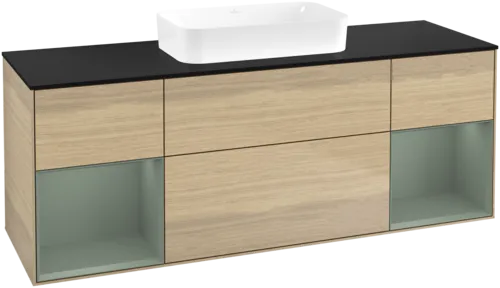 VILLEROY BOCH Toaletní skříňka Finion, s osvětlením, 4 výsuvy, 1600 x 603 x 501 mm, dubová dýha / olivově matný lak / sklo černé matné #F742GMPC