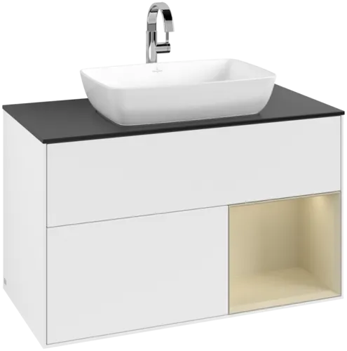 VILLEROY BOCH Toaletní skříňka Finion, s osvětlením, 2 výsuvy, 1000 x 603 x 501 mm, bílý matný lak / hedvábně šedý matný lak / černé matné sklo #F782HJMT