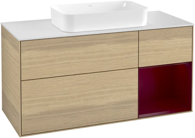 VILLEROY BOCH Toaletní skříňka Finion, s osvětlením, 3 výsuvy, 1200 x 603 x 501 mm, dubová dýha / matný lak Pivoňka / matné bílé sklo #F301HBPC