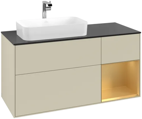 VILLEROY BOCH Toaletní skříňka Finion, s osvětlením, 3 výsuvy, 1200 x 603 x 501 mm, Silk Grey Matt Lacquer / Gold Matt Lacquer / Glass Black Matt #F282HFHJ