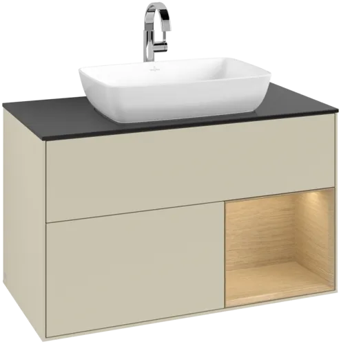 VILLEROY BOCH Toaletní skříňka Finion, s osvětlením, 2 výsuvy, 1000 x 603 x 501 mm, hedvábně šedý matný lak / dubová dýha / černé matné sklo #F782PCHJ