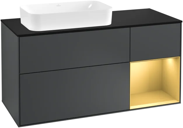VILLEROY BOCH Toaletní skříňka Finion, s osvětlením, 3 výsuvy, 1200 x 603 x 501 mm, Midnight Blue Matt Lacquer / Gold Matt Lacquer / Glass Black Matt #F282HFHG