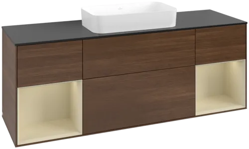 VILLEROY BOCH Toaletní skříňka Finion, s osvětlením, 4 výsuvy, 1600 x 603 x 501 mm, ořechová dýha / hedvábně šedý matný lak / sklo černé matné #F742HJGN