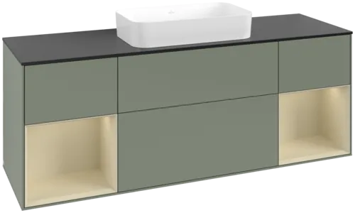 VILLEROY BOCH Toaletní skříňka Finion, s osvětlením, 4 výsuvy, 1600 x 603 x 501 mm, olivový matný lak / hedvábně šedý matný lak / černé matné sklo #F742HJGM