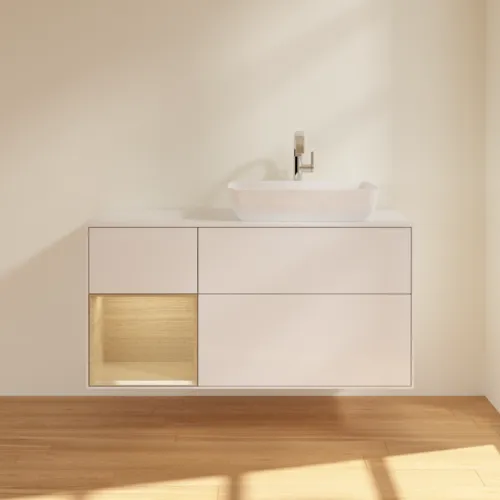 VILLEROY BOCH Toaletní skříňka Finion, s osvětlením, 3 výsuvy, 1200 x 603 x 501 mm, lesklý bílý lak / dubová dýha / sklo bílé matné #F801PCGF, obrázek 3