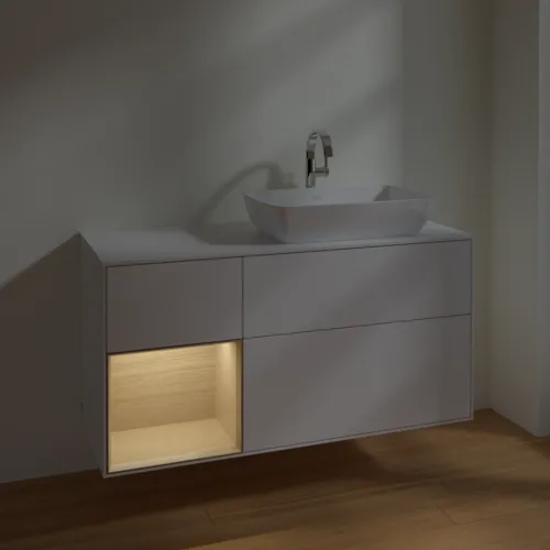 VILLEROY BOCH Toaletní skříňka Finion, s osvětlením, 3 výsuvy, 1200 x 603 x 501 mm, lesklý bílý lak / dubová dýha / sklo bílé matné #F801PCGF, obrázek 5