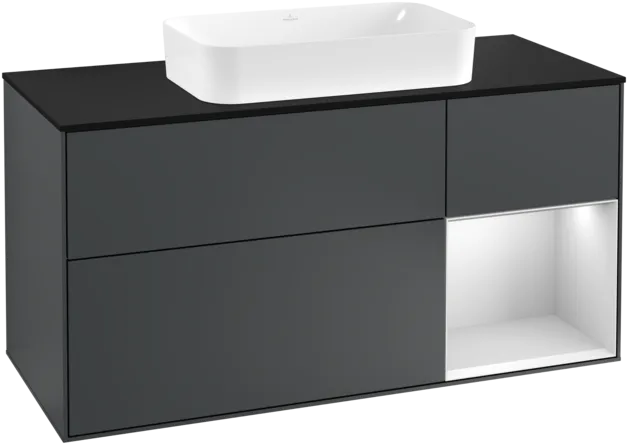 VILLEROY BOCH Toaletní skříňka Finion, s osvětlením, 3 výsuvy, 1200 x 603 x 501 mm, Midnight Blue Matt Lacquer / White Matt Lacquer / Glass Black Matt #F302MTHG