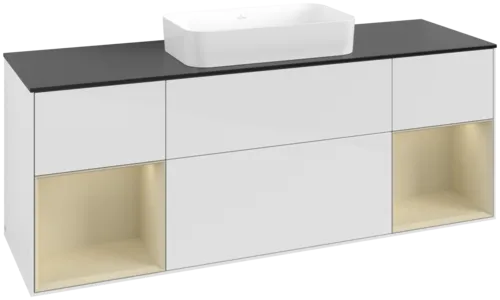 VILLEROY BOCH Toaletní skříňka Finion, s osvětlením, 4 výsuvy, 1600 x 603 x 501 mm, lesklý bílý lak / hedvábně šedý matný lak / černé matné sklo #F742HJGF