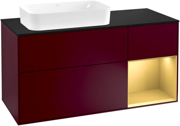VILLEROY BOCH Toaletní skříňka Finion, s osvětlením, 3 výsuvy, 1200 x 603 x 501 mm, Peony Matt Lacquer / Gold Matt Lacquer / Glass Black Matt #F282HFHB