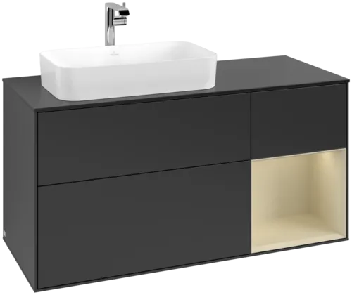 VILLEROY BOCH Toaletní skříňka Finion, s osvětlením, 3 výsuvy, 1200 x 603 x 501 mm, černý matný lak / hedvábně šedý matný lak / černé matné sklo #F282HJPD