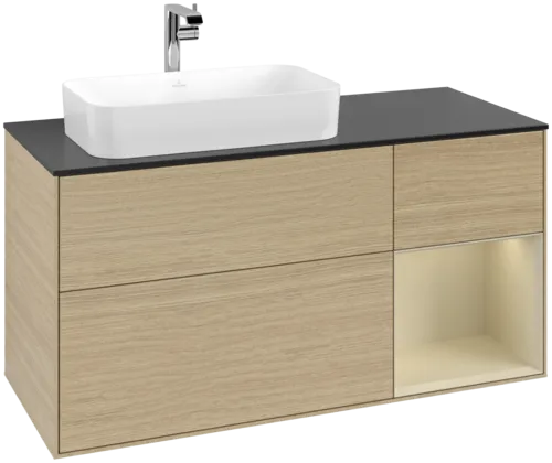 VILLEROY BOCH Toaletní skříňka Finion, s osvětlením, 3 výsuvy, 1200 x 603 x 501 mm, dubová dýha / hedvábně šedý matný lak / sklo černé matné #F282HJPC