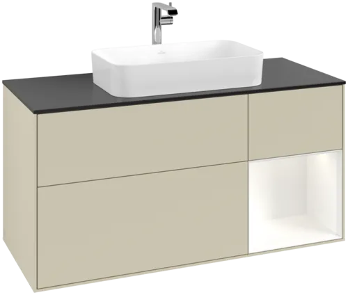 VILLEROY BOCH Toaletní skříňka Finion, s osvětlením, 3 výsuvy, 1200 x 603 x 501 mm, Silk Grey Matt Lacquer / White Matt Lacquer / Glass Black Matt #F302MTHJ