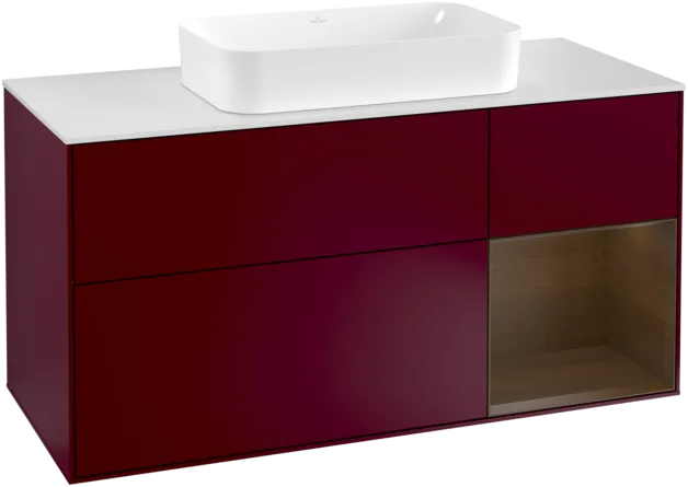 VILLEROY BOCH Toaletní skříňka Finion, s osvětlením, 3 výsuvy, 1200 x 603 x 501 mm, matný lak Peony / ořechová dýha / bílé matné sklo #F301GNHB