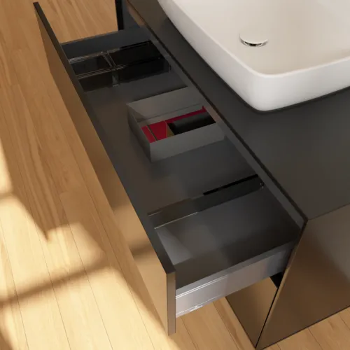VILLEROY BOCH Toaletní skříňka Finion, s osvětlením, 2 výsuvy, 1000 x 603 x 501 mm, černý matný lak / pivoňkový matný lak / černé matné sklo #F772HBPD, obrázek 8