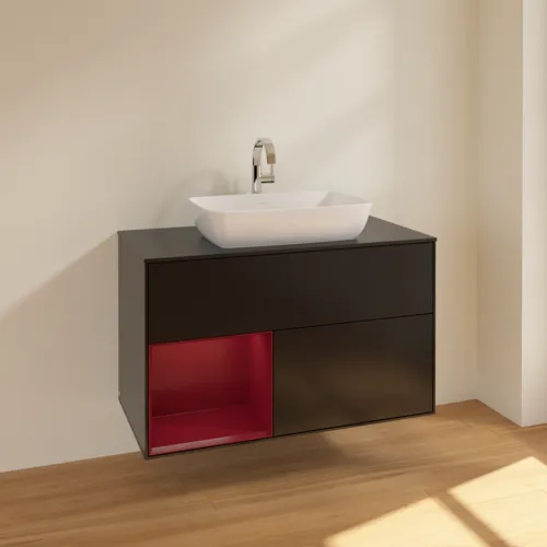 VILLEROY BOCH Toaletní skříňka Finion, s osvětlením, 2 výsuvy, 1000 x 603 x 501 mm, černý matný lak / pivoňkový matný lak / černé matné sklo #F772HBPD, obrázek 2