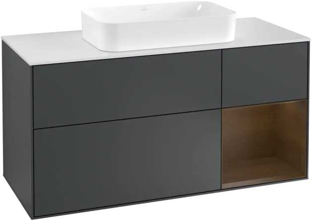 VILLEROY BOCH Toaletní skříňka Finion, s osvětlením, 3 výsuvy, 1200 x 603 x 501 mm, půlnočně modrý matný lak / ořechová dýha / bílé matné sklo #F301GNHG