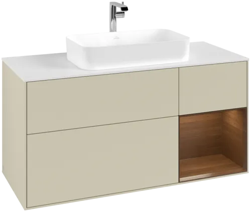 VILLEROY BOCH Toaletní skříňka Finion, s osvětlením, 3 výsuvy, 1200 x 603 x 501 mm, hedvábně šedý matný lak / ořechová dýha / sklo bílé matné #F301GNHJ